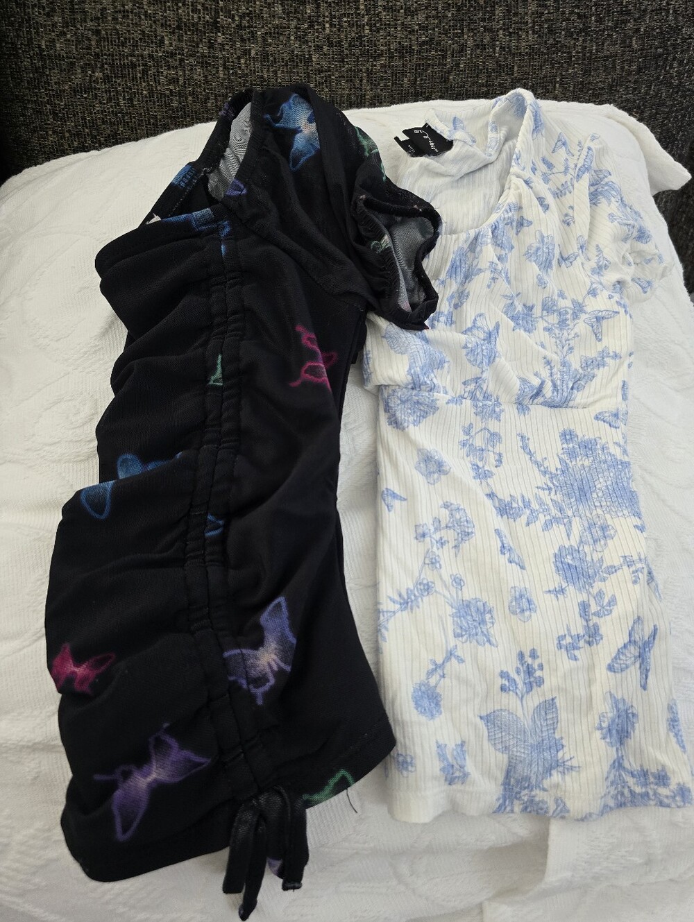 Black Butterfly Drawstring Dress & White Blue Floral Ribbed Top
